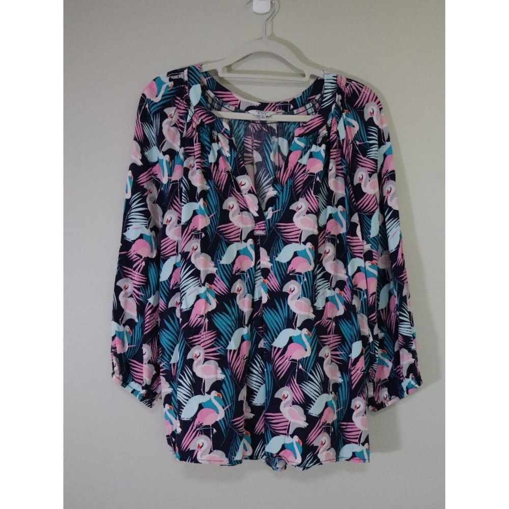 ☀️3/$15☀️ Tropical Summer Crown &‎ Ivy Blouse XL Pink Blue Flamingo Print Top